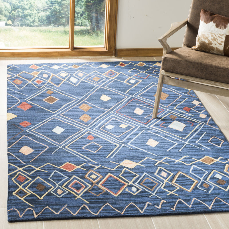 Millwood Pines Renfrow Handmade Hand Hooked Wool Blue/Yellow Rug